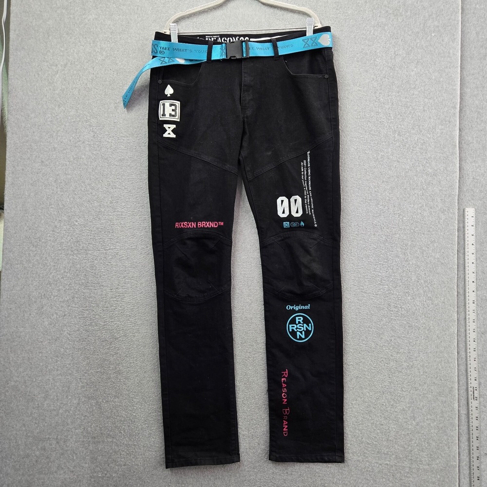 Reason Men Jeans 36x34 Black Denim Belted Logo Cloud Tiger Streetwear READ